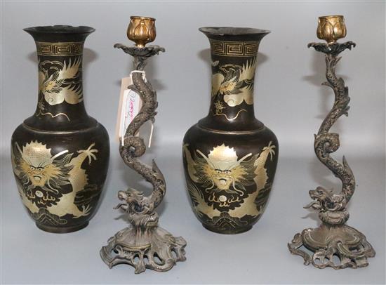 Pair brass dragon candlesticks and a pair of lacquer vases